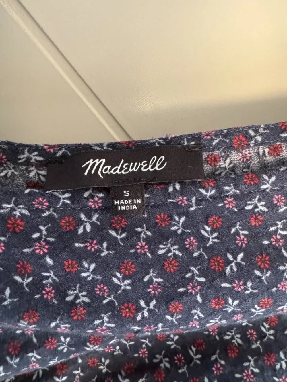 Madewell Indigo Floral V-Neck Peplum Blouse with Smocked Cuffs - (S)
